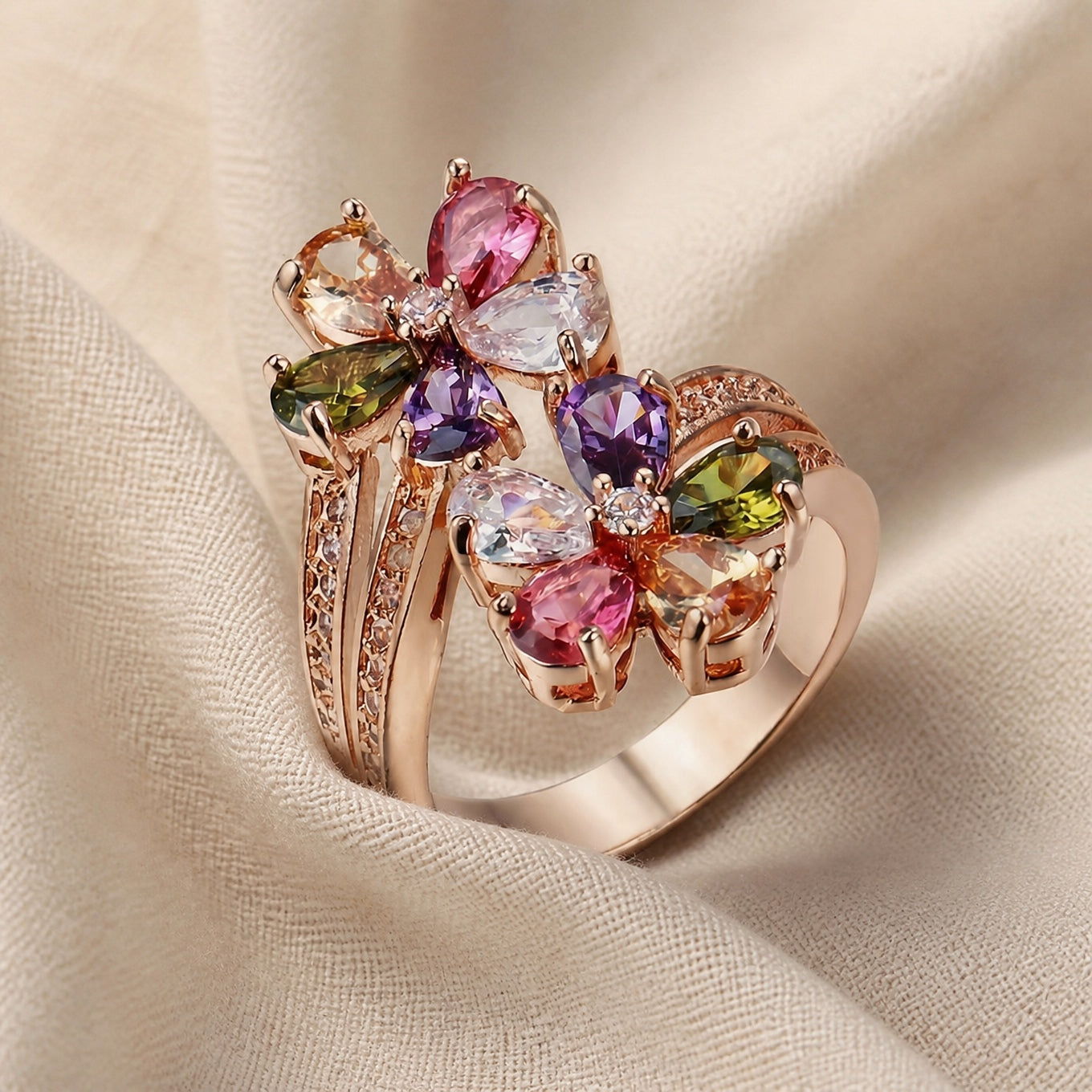 Multicolor Zirconia Double Flower Ring