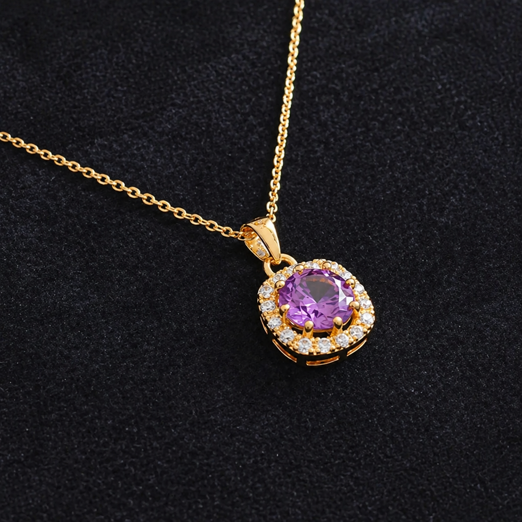 Amethyst Square Gold Pave Necklace