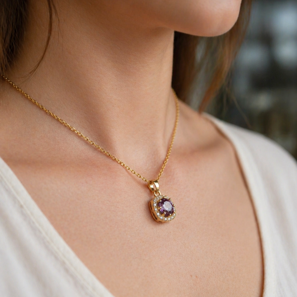 Amethyst Square Gold Pave Necklace
