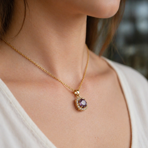 Amethyst Square Gold Pave Necklace