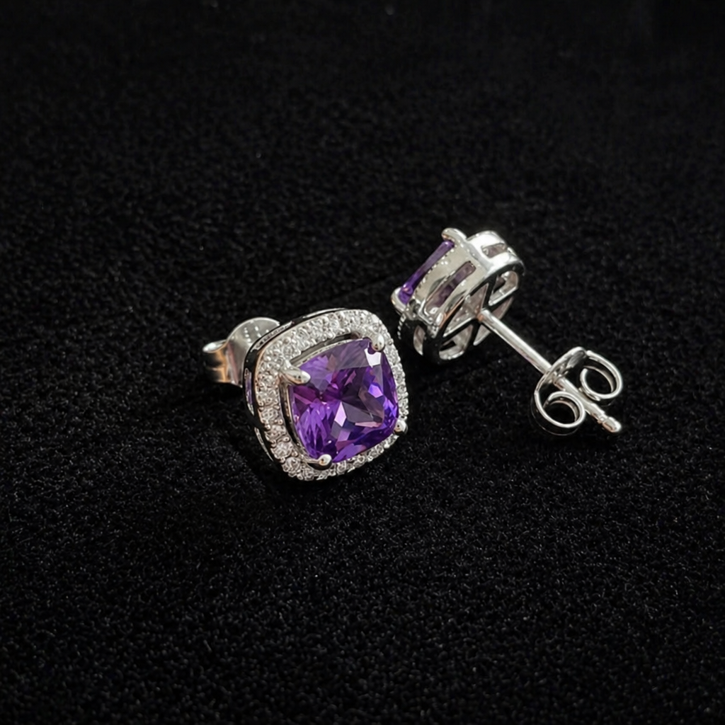 Amethyst Square Pave White Gold Studs