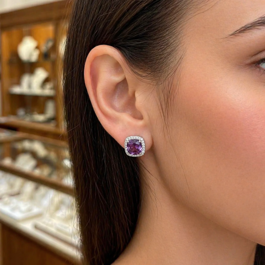 Amethyst Square Pave White Gold Studs