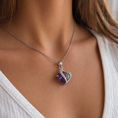 Amethyst Two Heart White Gold Necklace