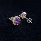 Amethyst Round Pave White Gold Studs