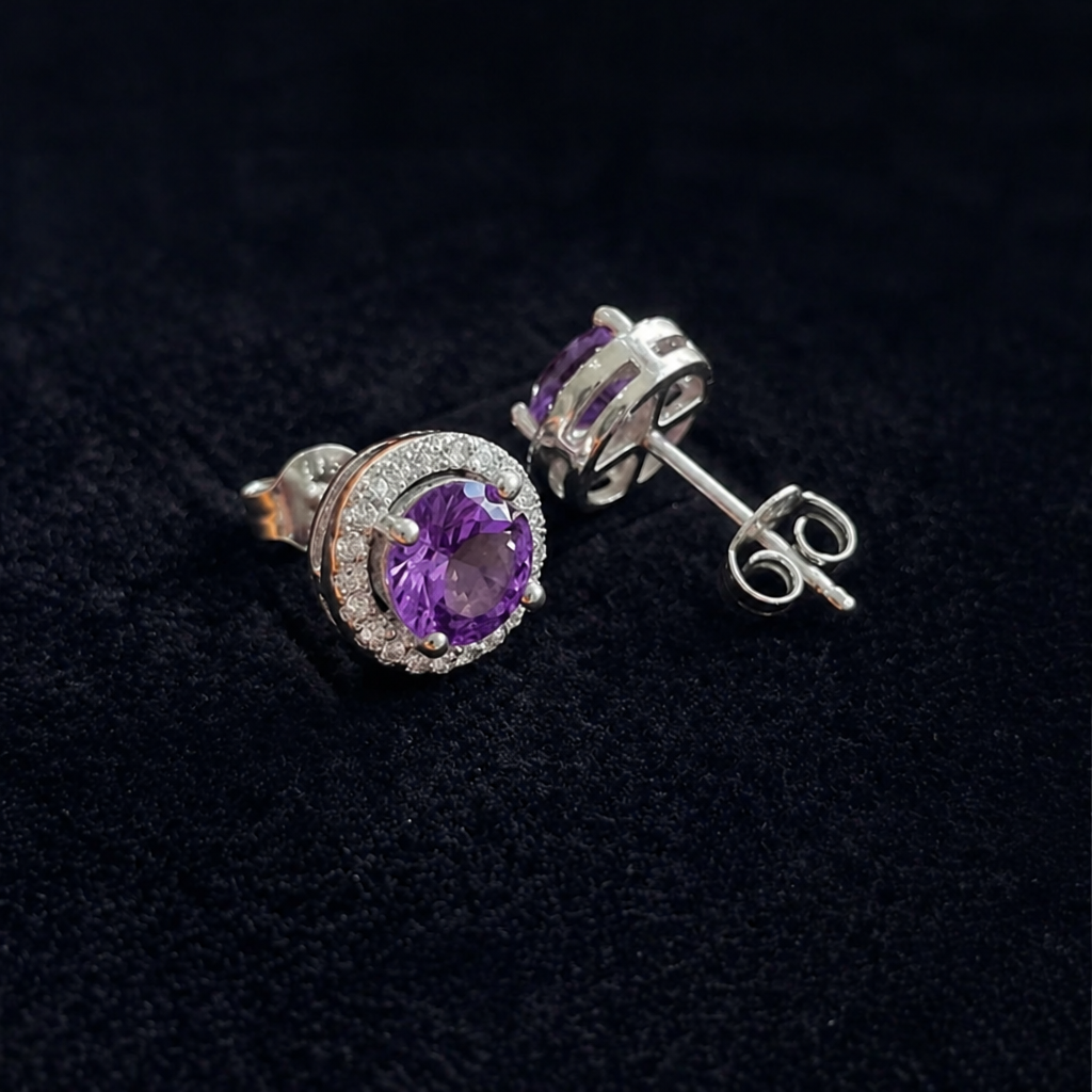 Amethyst Round Pave White Gold Studs