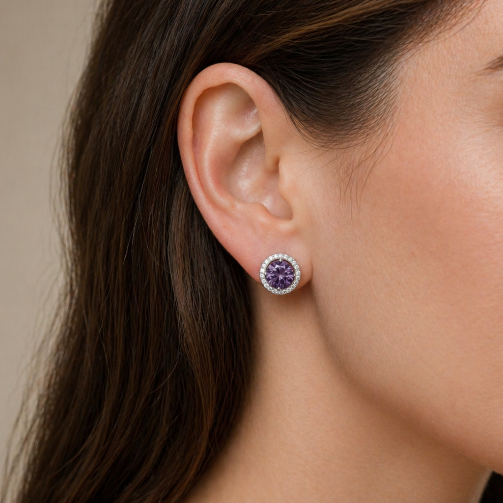 Amethyst Round Pave White Gold Studs