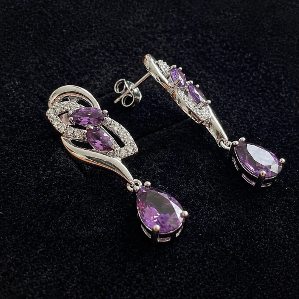 Amethyst Glimmer Drop White Gold Drop Earrings
