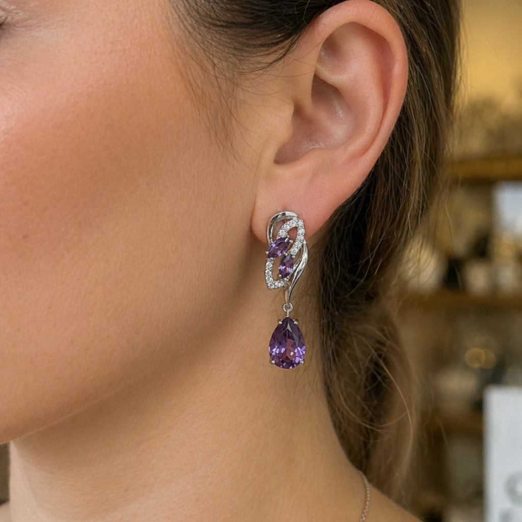Amethyst Glimmer Drop White Gold Drop Earrings