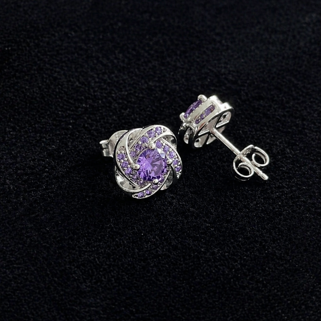 Purple Crystal Knot White Gold Earrings
