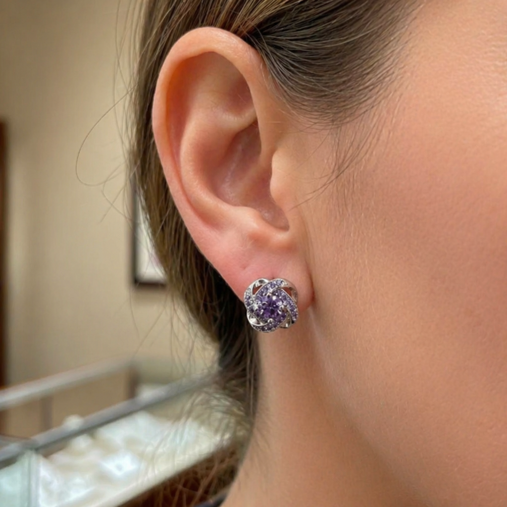 Purple Crystal Knot White Gold Earrings