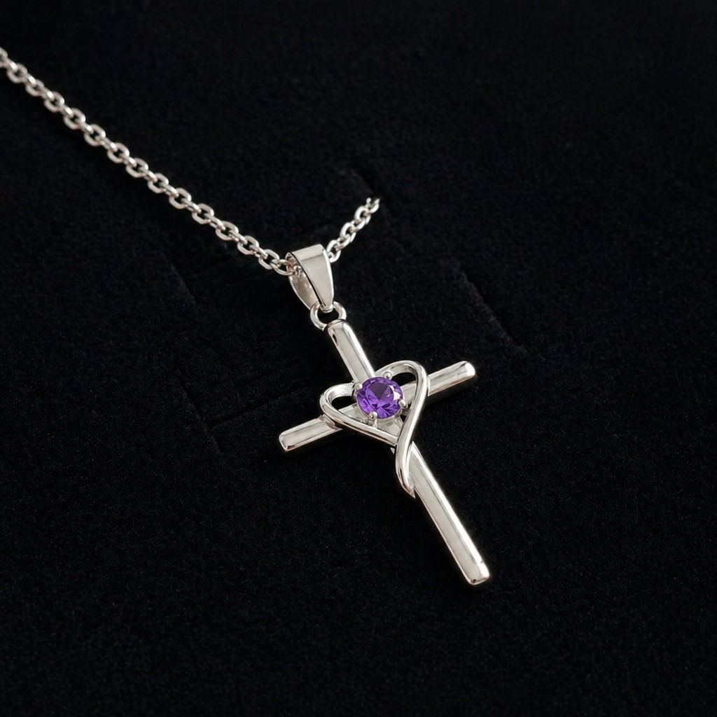 Amethyst Centre Cross White Gold Necklace