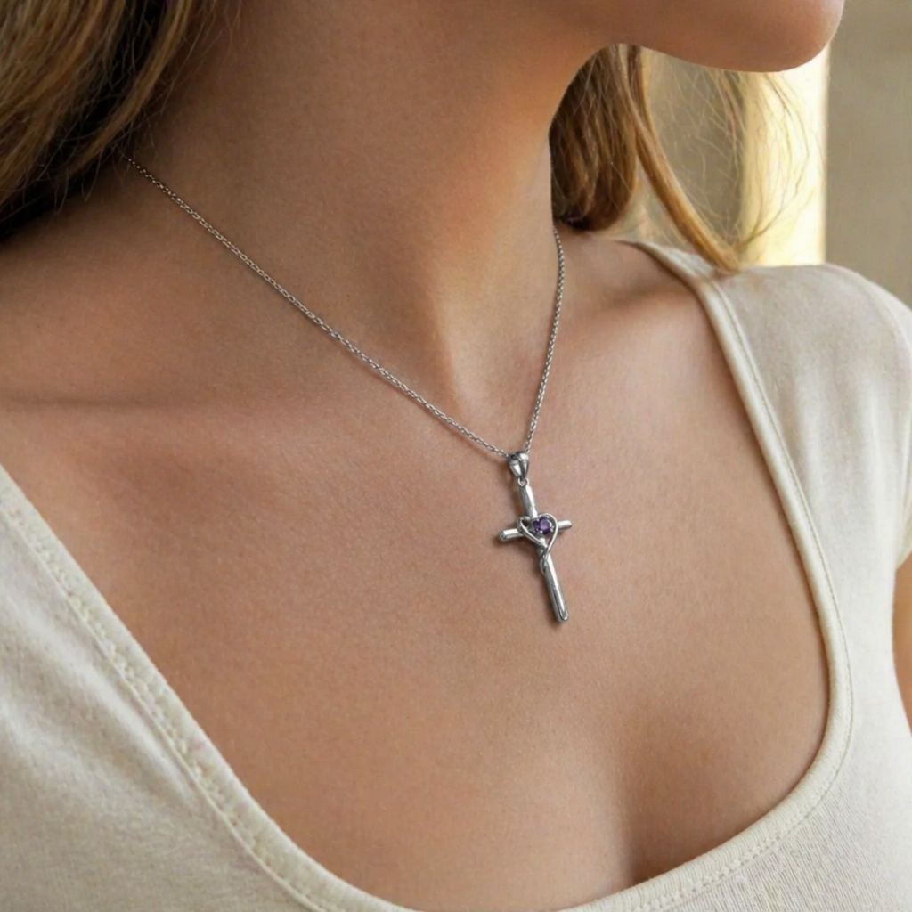 Amethyst Centre Cross White Gold Necklace