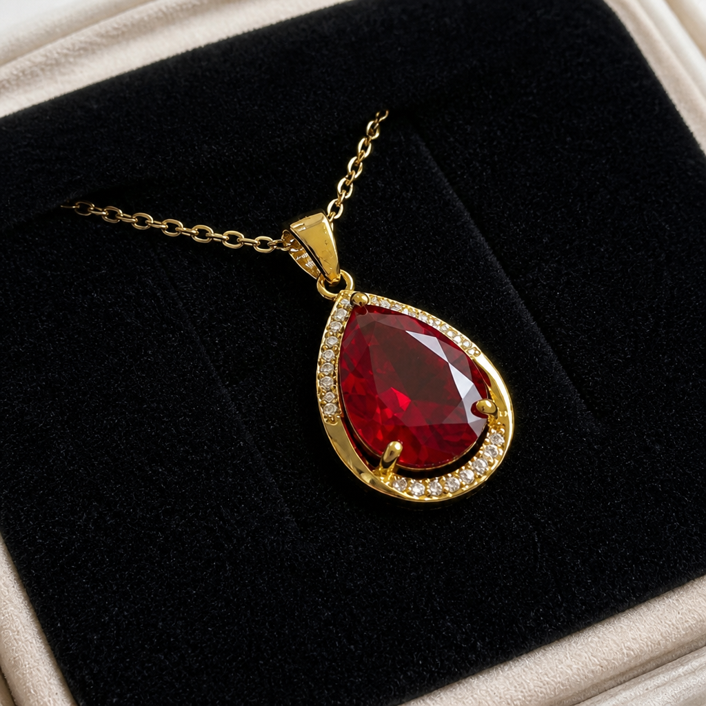 Ruby Teardrop Gold Pendant Necklace