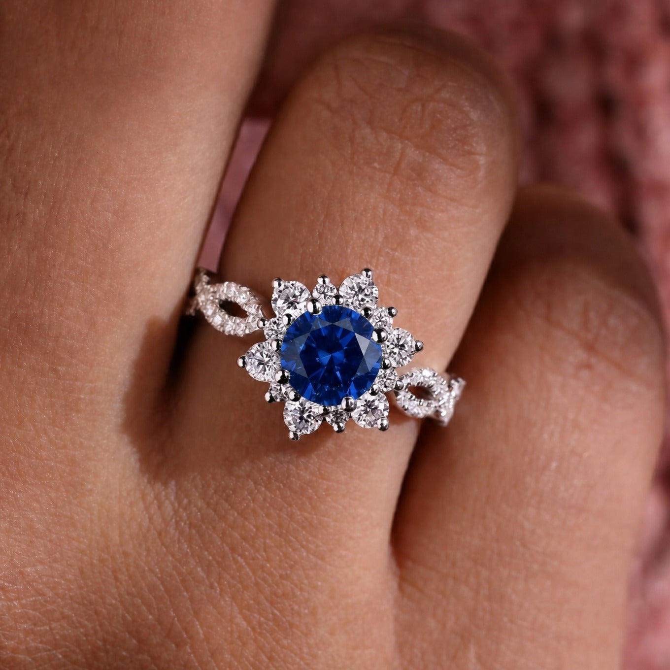 Crystal Sapphire White Gold Flower Ring