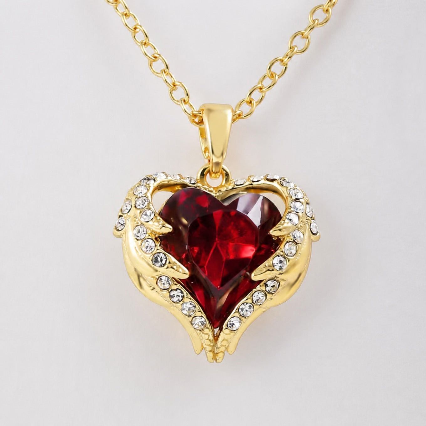 Angel Embrace Ruby Heart Gold Necklace