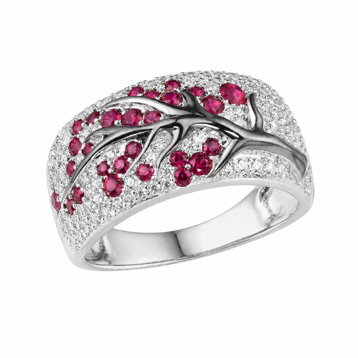 Ruby Blossom Tree White Gold Ring
