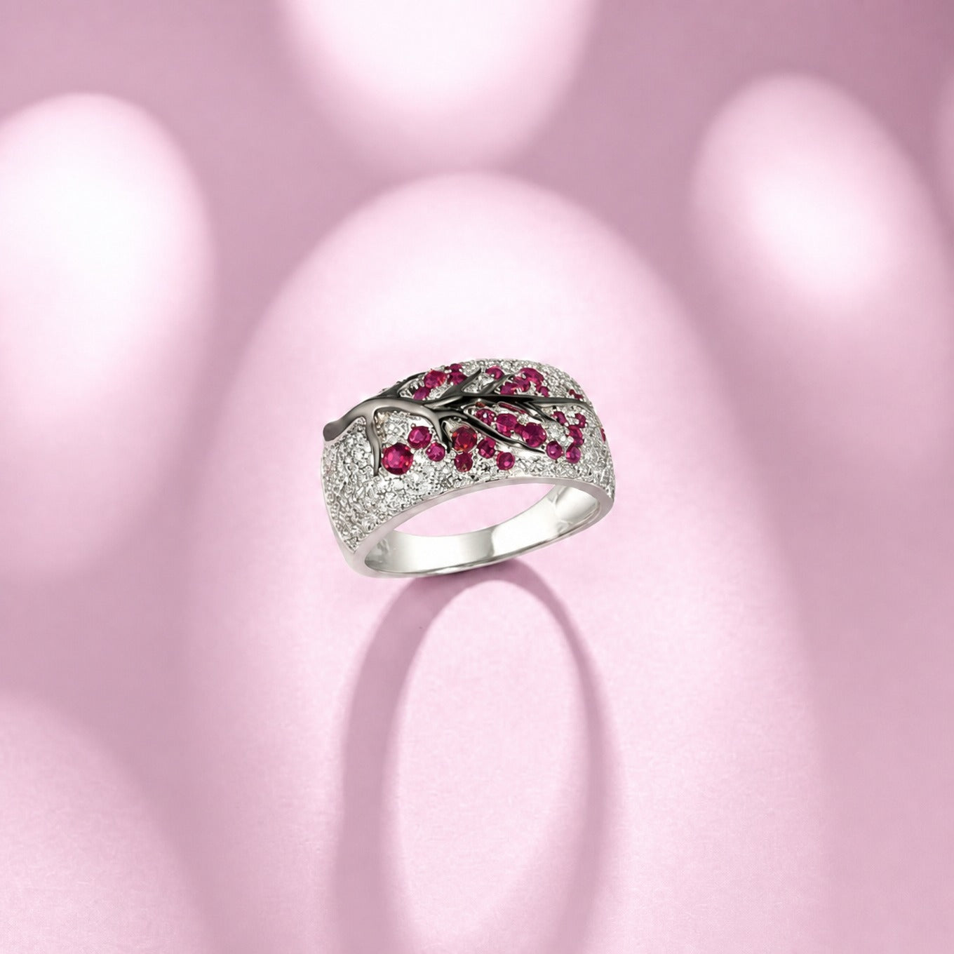 Ruby Blossom Tree White Gold Ring