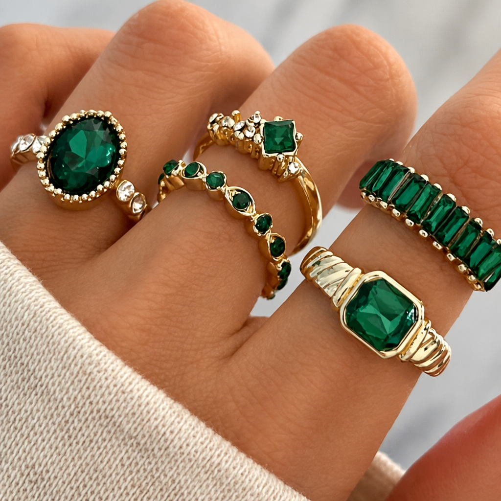 Zarina Exquisite Emerald Gold Ring Set